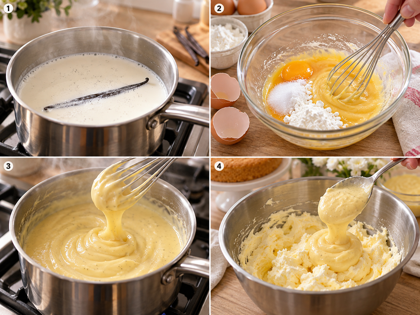 Vier Schritte vom Kochen der Vanillecreme bis zum Aufschlagen mit Butter