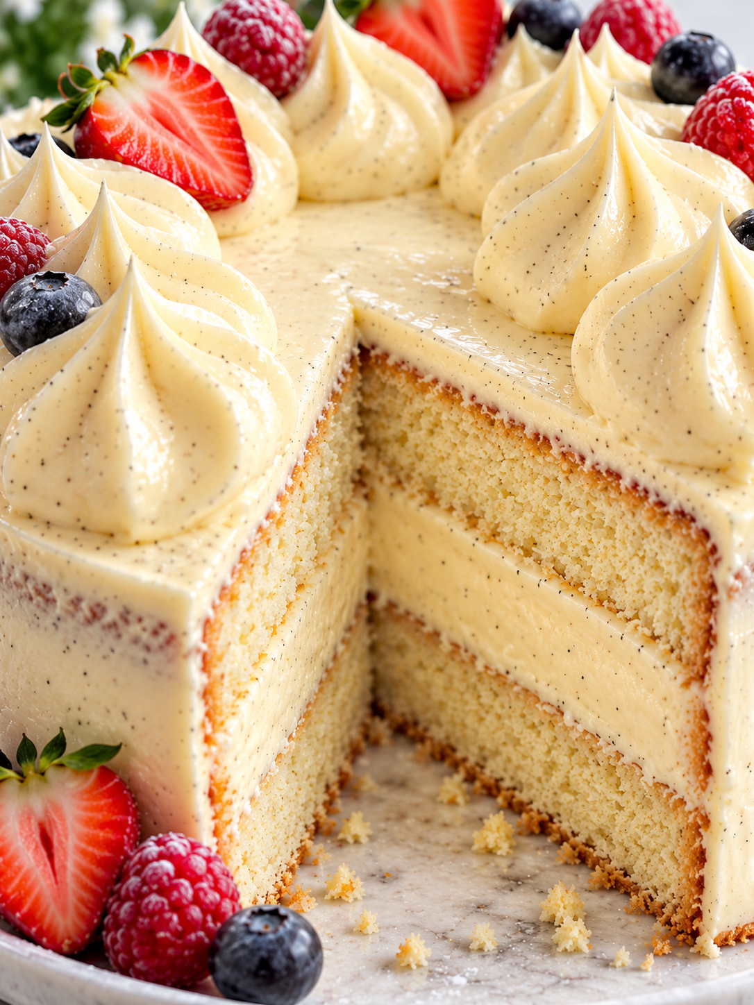 Tortenstück mit französischer Vanillecreme, Vanillepunkten und Cremetupfen