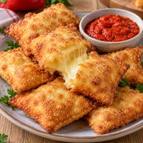 Goldbraune Käse-Teigtaschen mit geschmolzener Füllung und dunklem Dip