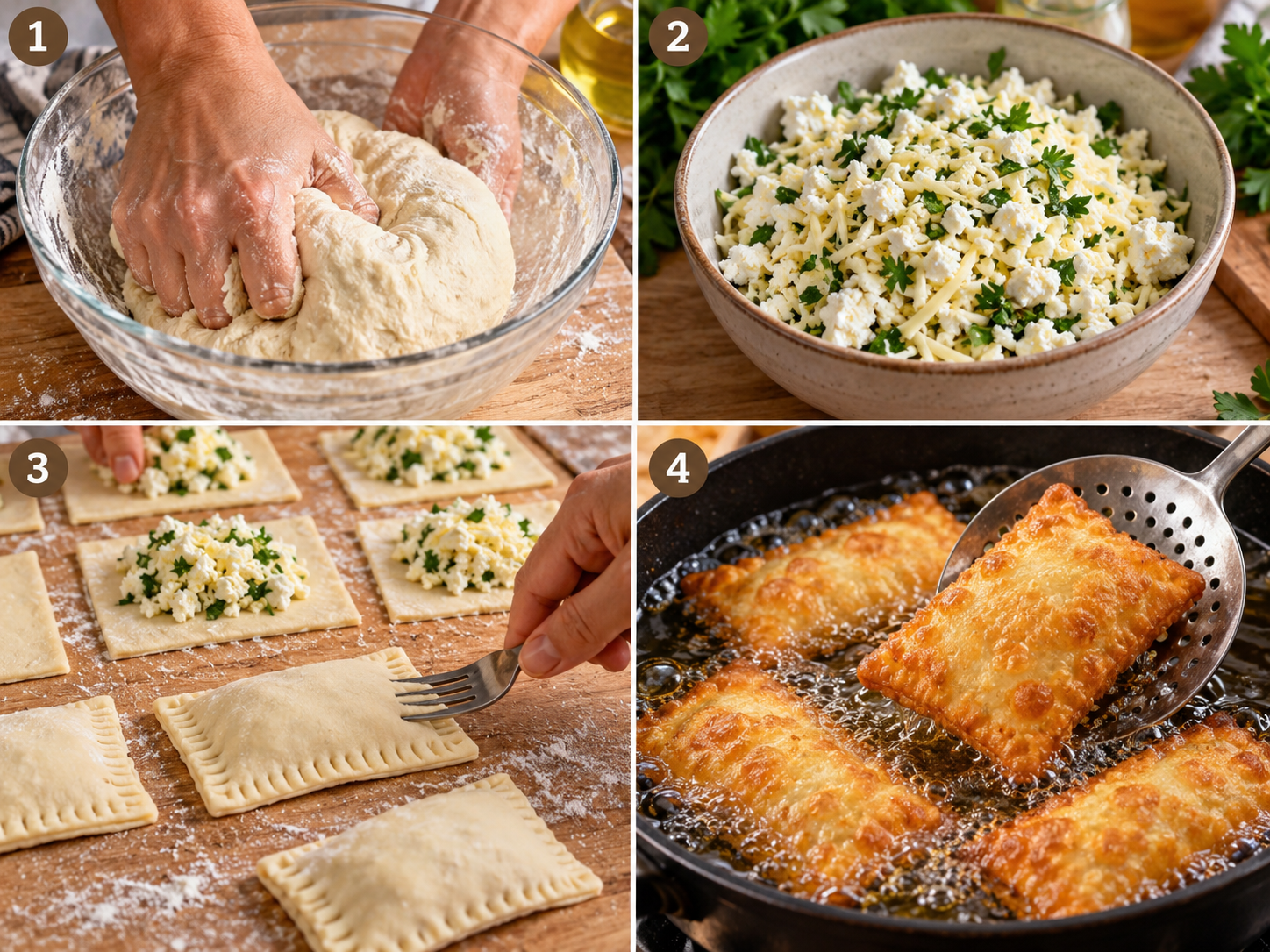 Vier Schritte vom Teig bis zum Frittieren der Käse-Teigtaschen