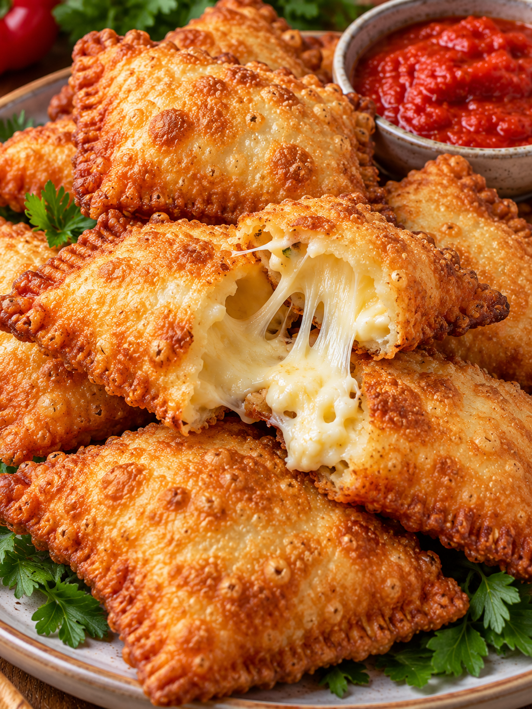 Knusprige Käse-Teigtaschen mit cremiger Füllung und dunklem Dip