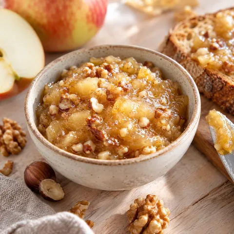 Frucht-Honig-Aufstrich mit Nüssen in einer hellen Schale