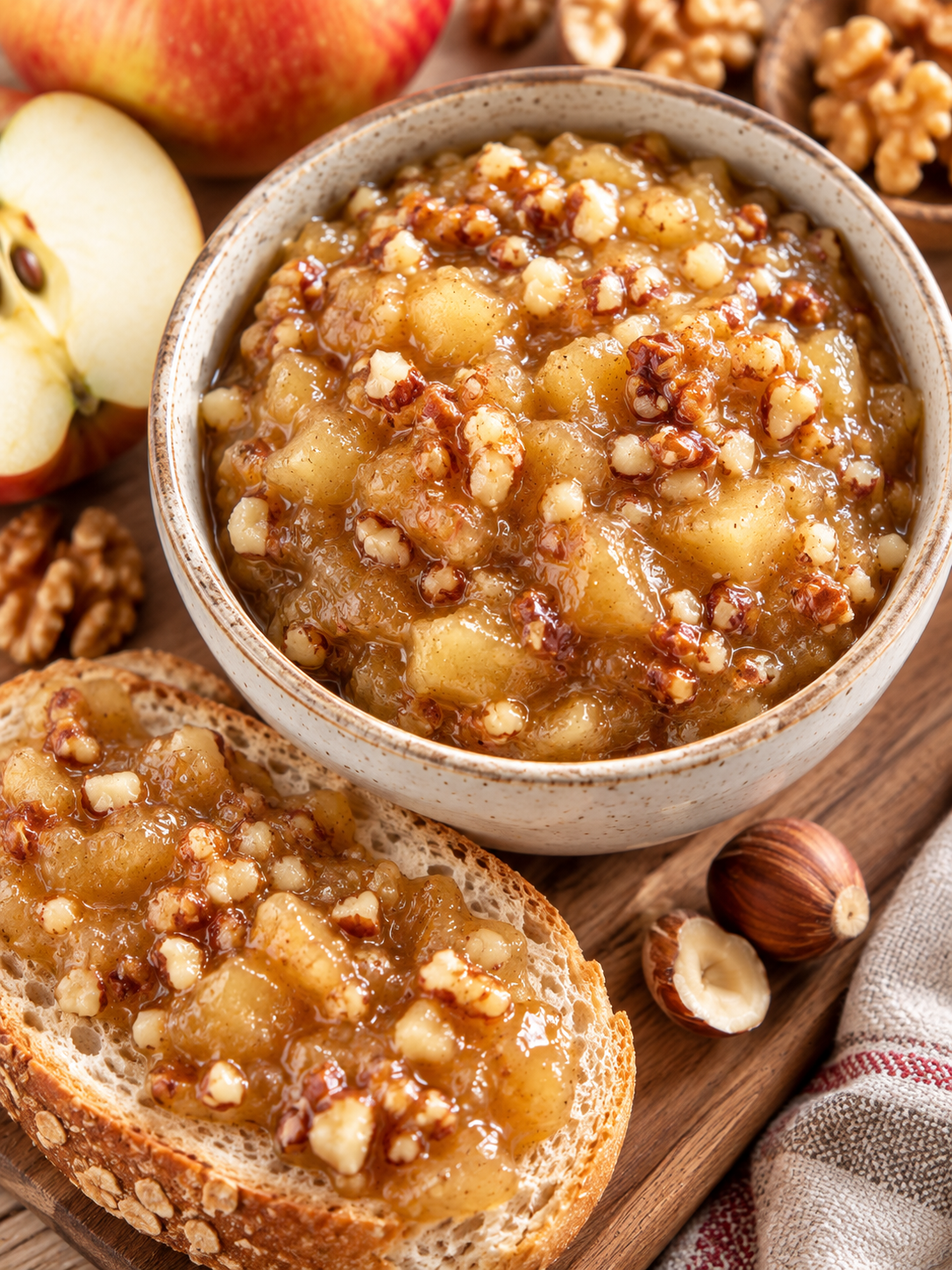 Goldener Frucht-Honig-Aufstrich mit Nüssen auf Brötchen