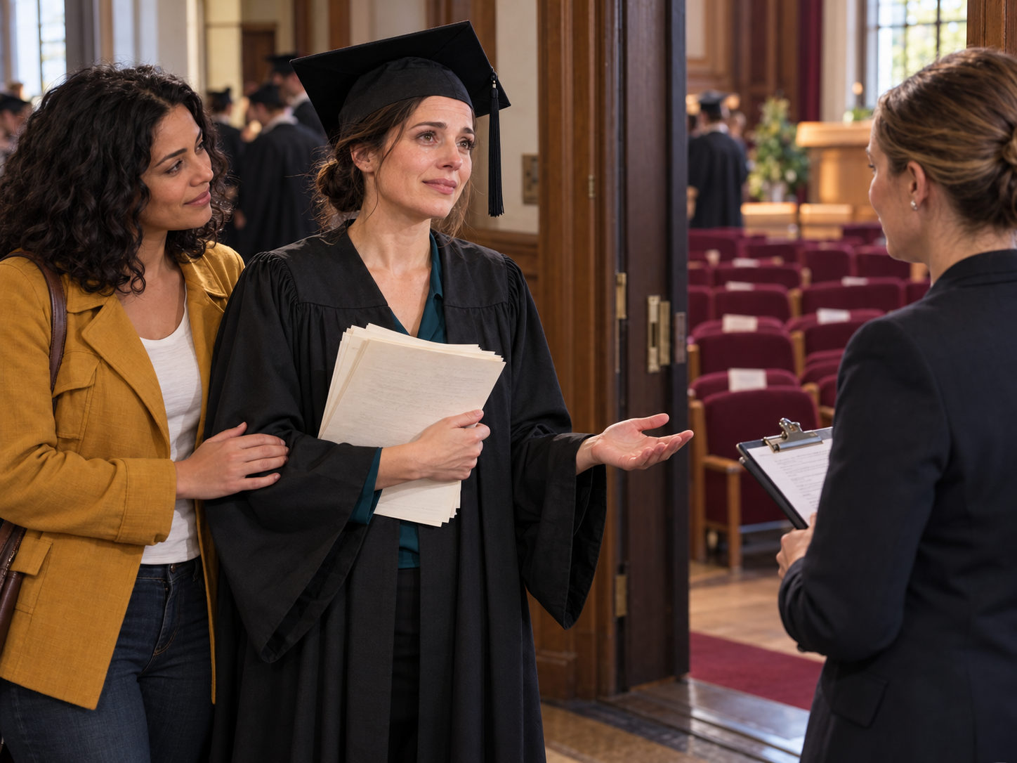 Vor der Aula behält Nora einen Gästeplatz für Jo und gibt die übrigen Plätze ihrer abwesenden Familie frei.