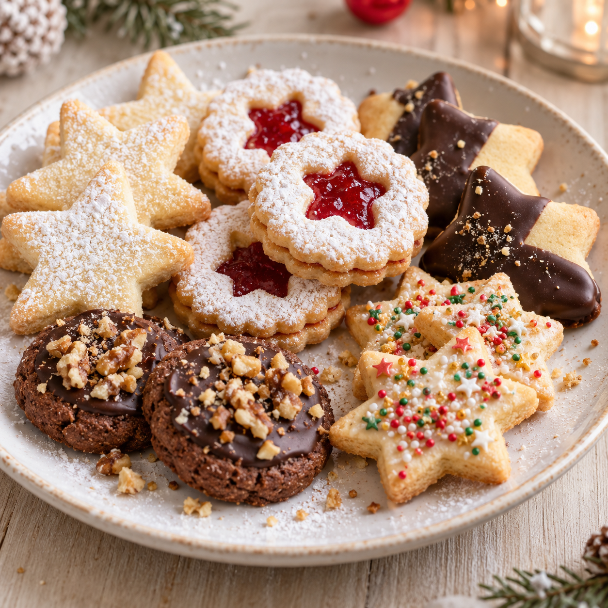 Gemischte Weihnachtsplätzchen mit Marmelade, Schokolade und Walnüssen