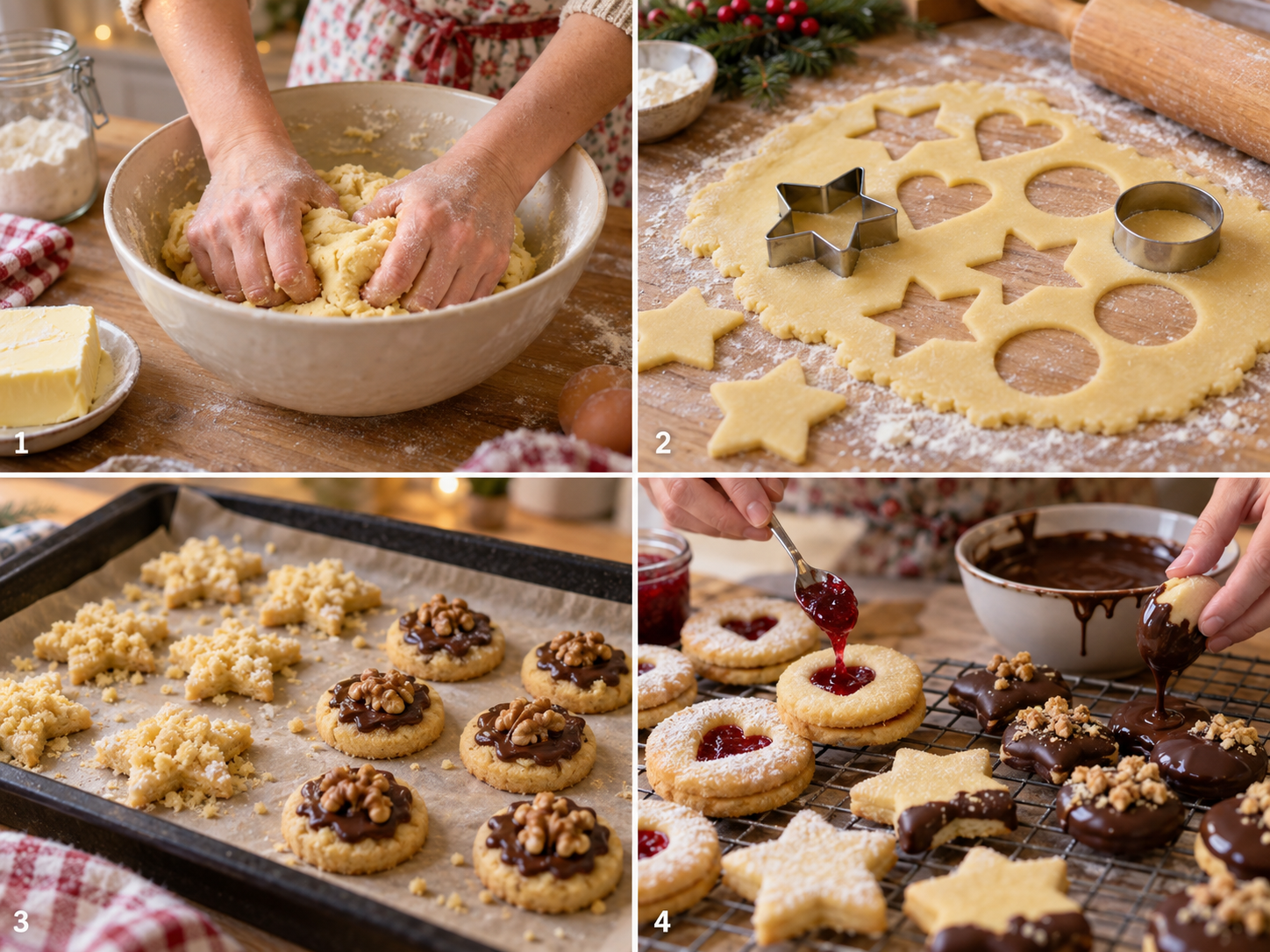 Vier Schritte für gemischte Weihnachtsplätzchen vom Teig bis zur Glasur
