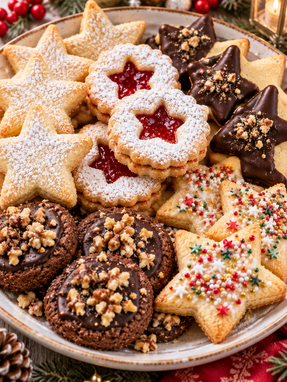 Festlicher Teller mit fünf Sorten Weihnachtsplätzchen aus einem Teig