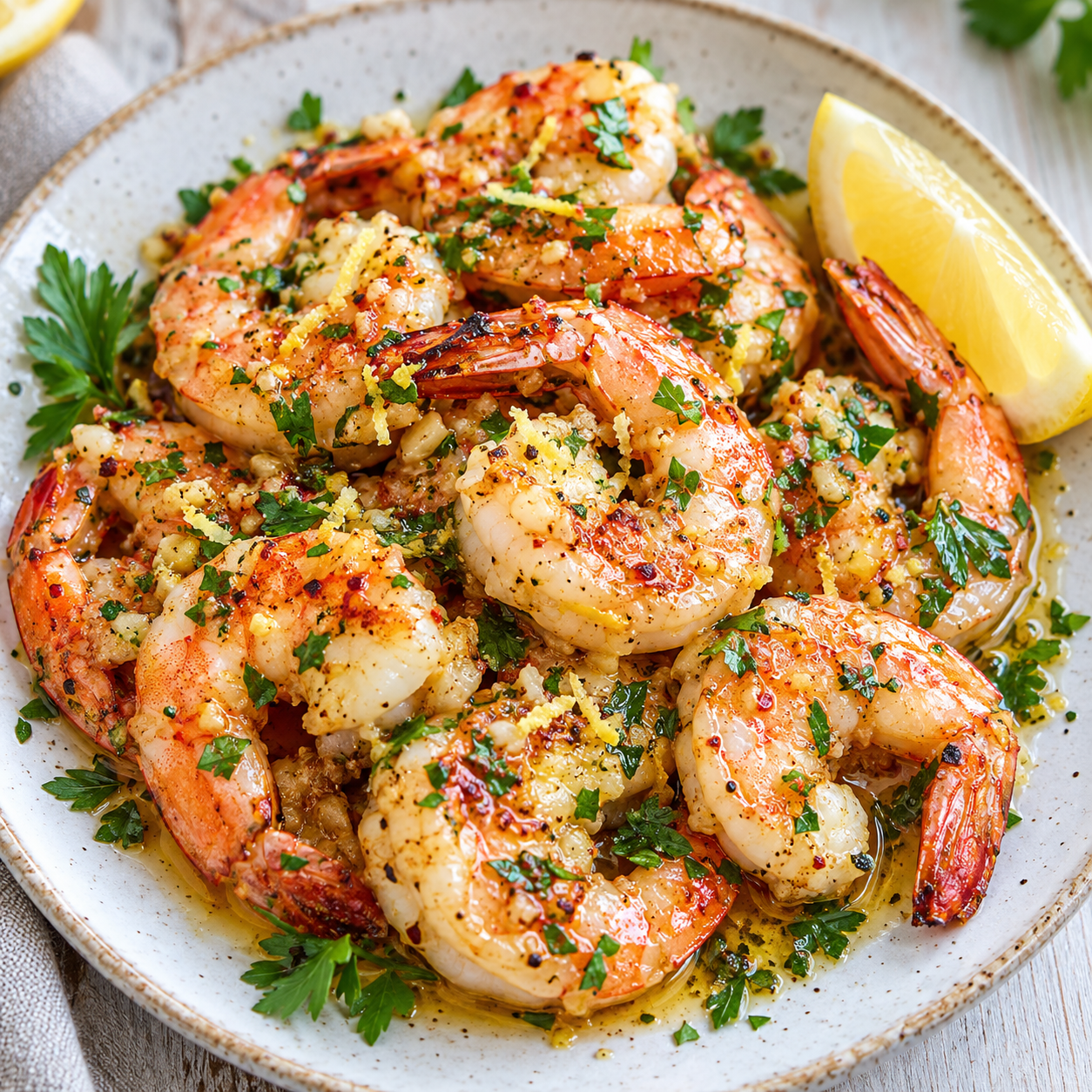 Gebratene Garnelen mit Zitronen-Knoblauch-Marinade und Petersilie