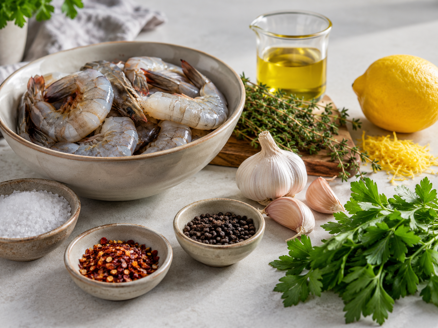 Zutaten für Garnelen-Marinade mit Zitrone, Knoblauch und Thymian