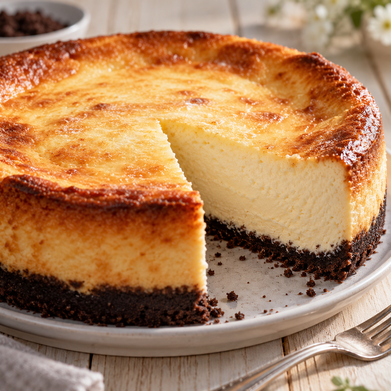 Gebackener Käsekuchen mit dunklem Krümelboden und goldbrauner Oberfläche