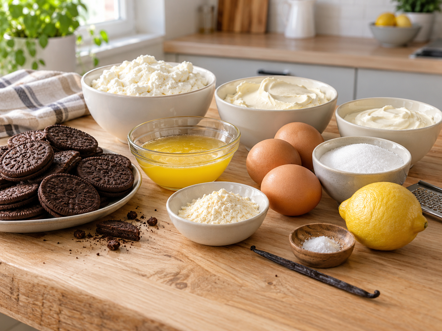 Zutaten für gebackenen Käsekuchen mit Quark und Schokokeksen