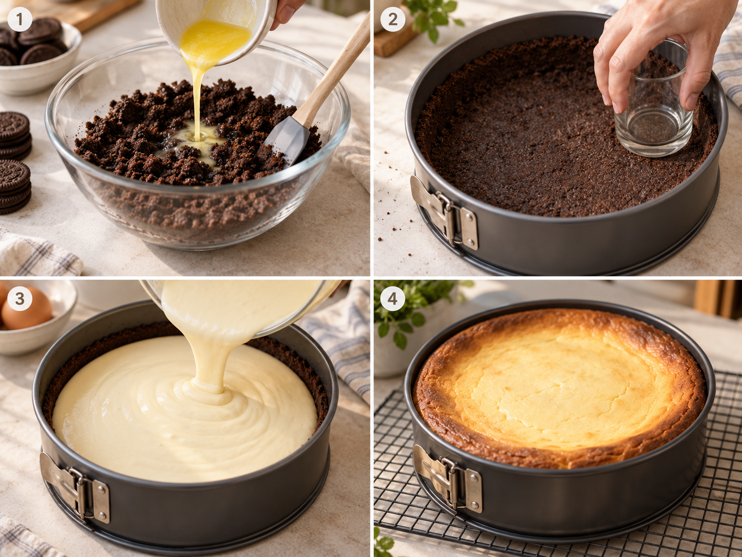 Vier Schritte für gebackenen Käsekuchen mit dunklem Keksboden