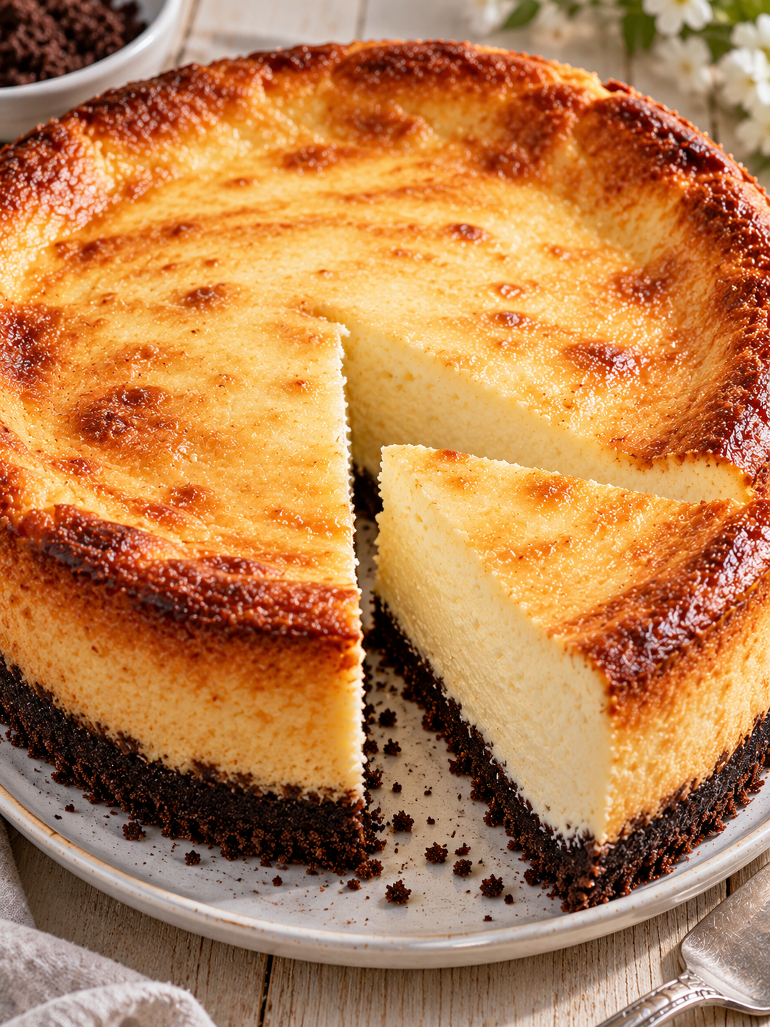 Gebackener Käsekuchen mit cremiger Füllung und dunklem Boden