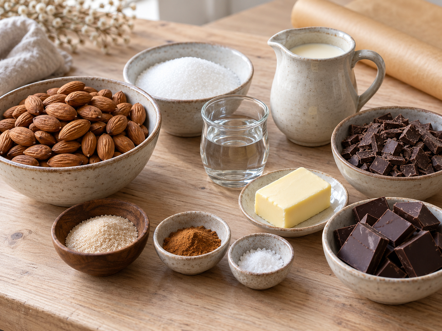 Zutaten für Gebrannte-Mandel-Pralinen mit Mandeln und Schokolade