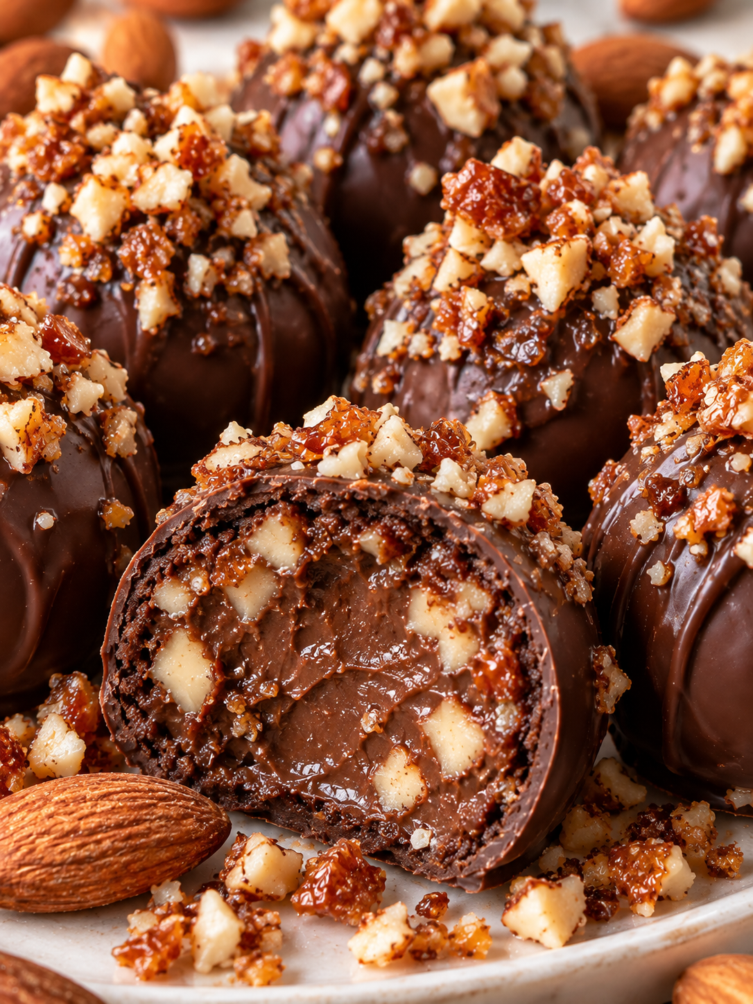 Gebrannte-Mandel-Pralinen mit glänzender Schokolade und cremiger Füllung