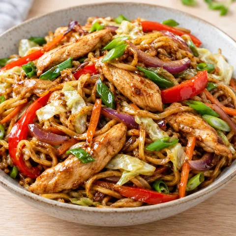 Gebratene Asia-Nudeln mit Hähnchen, Weißkohl, Paprika und Frühlingszwiebeln