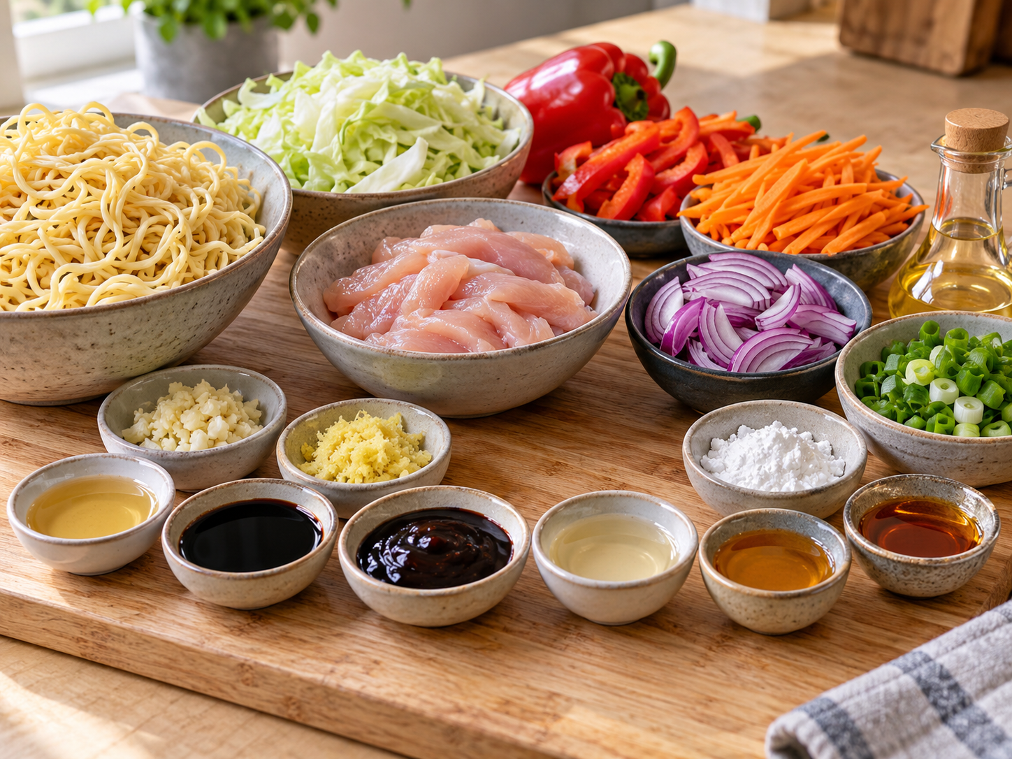 Zutaten für Asia-Nudeln mit Hähnchen, Gemüse und dunkler Sauce