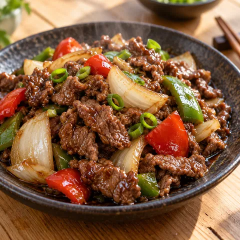 Gebratenes Rindfleisch mit Zwiebeln und roter und grüner Paprika
