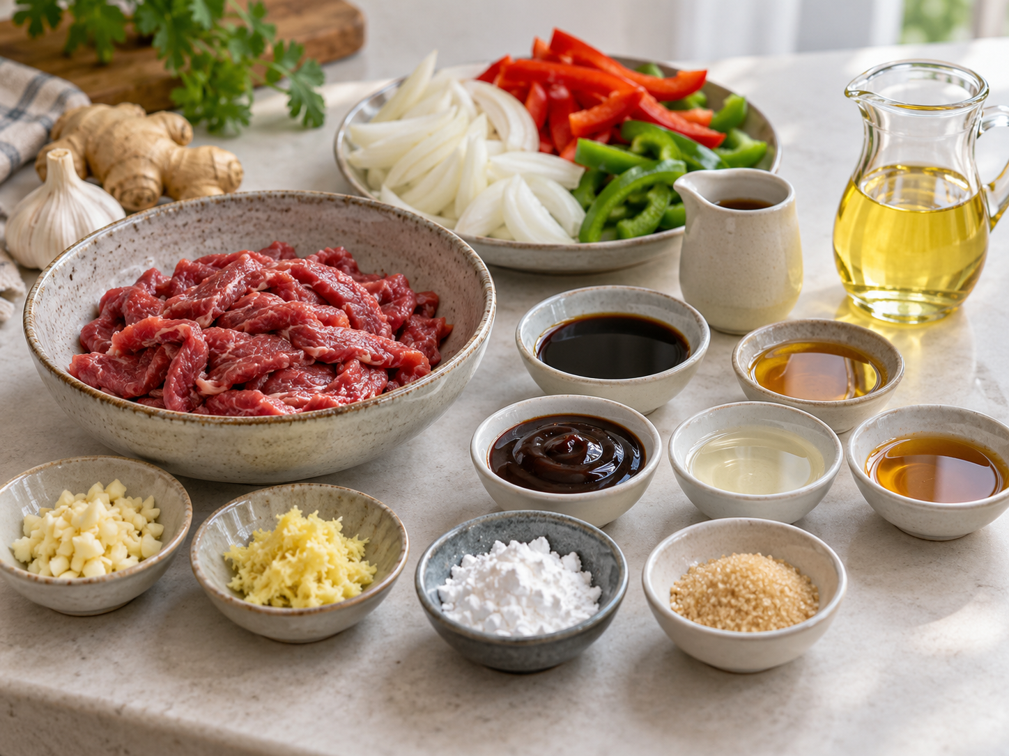Zutaten für Rindfleisch mit Zwiebeln, Paprika und dunkler Sauce