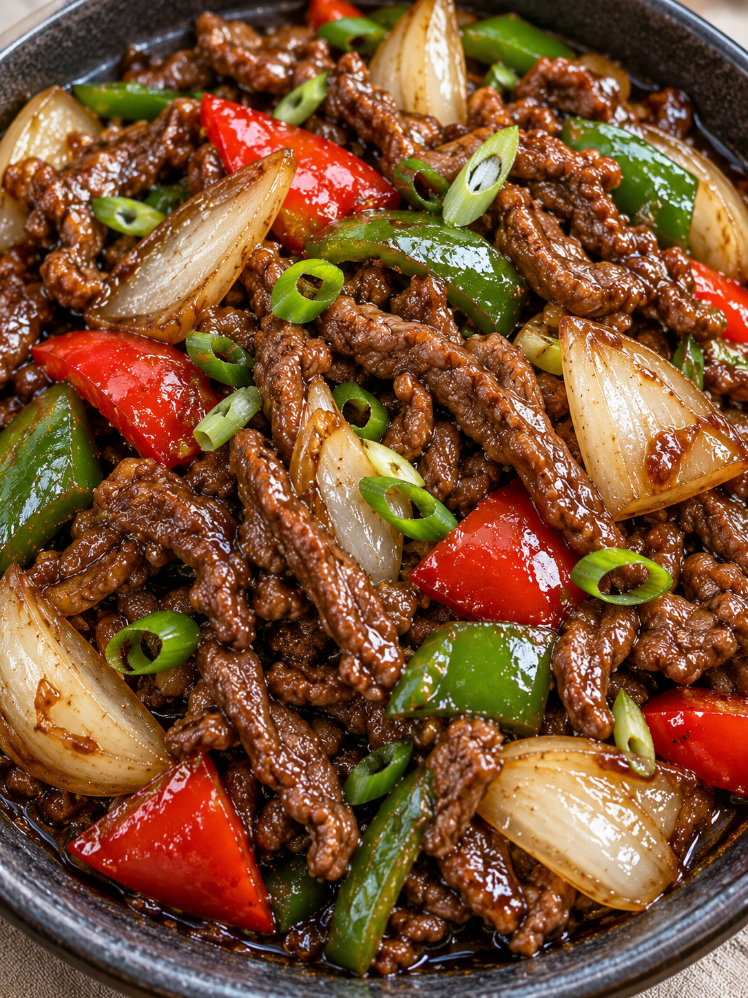Schale mit Rindfleisch, Zwiebeln, Paprika und glänzender Sauce
