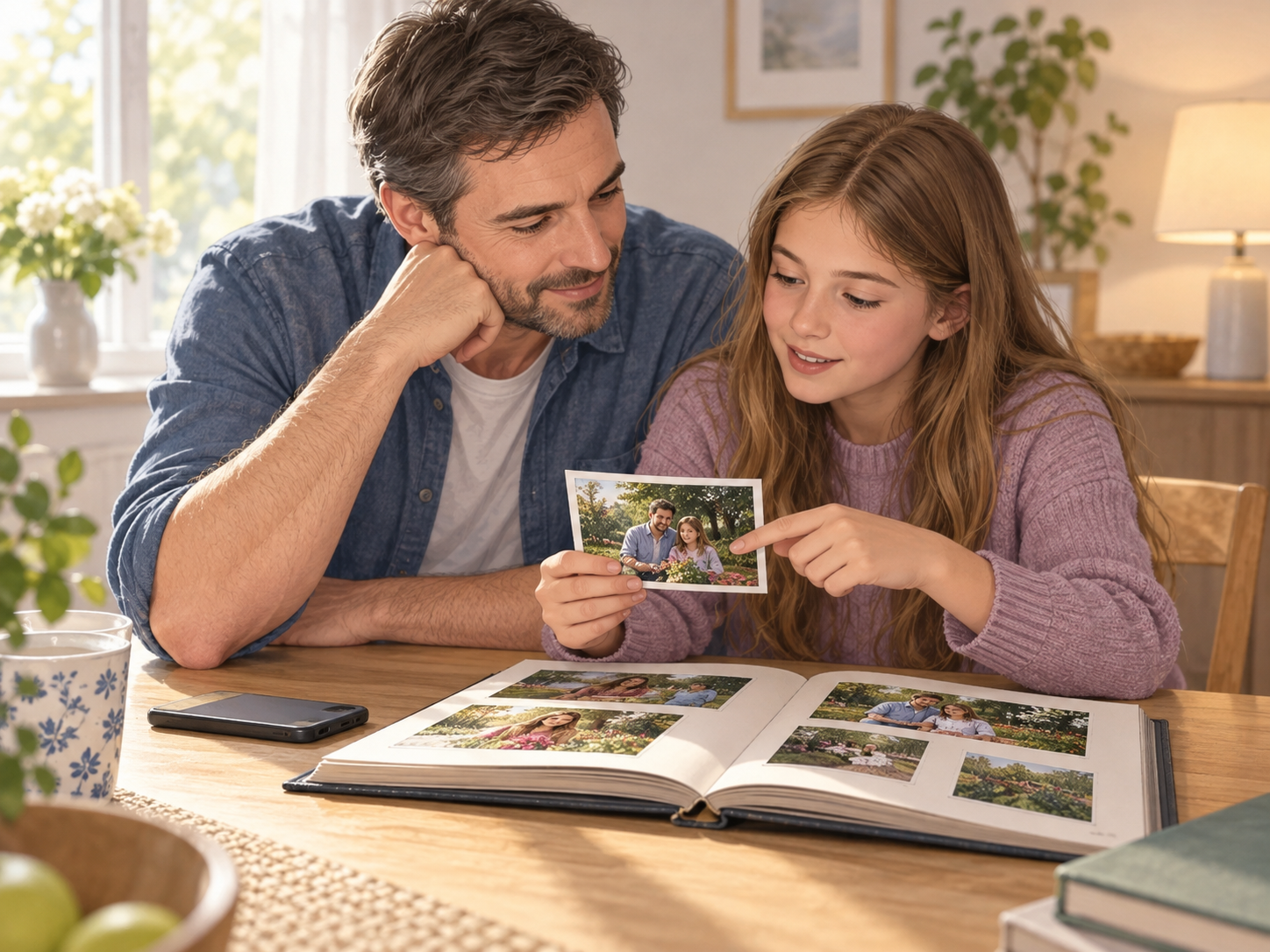 Illustration eines Vaters und seiner Tochter bei der gemeinsamen Auswahl eines Familienfotos.