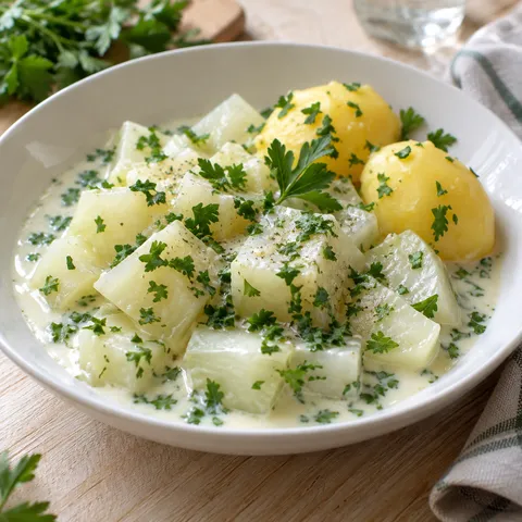 Gedünsteter Kohlrabi in heller Milchsauce mit Petersilie