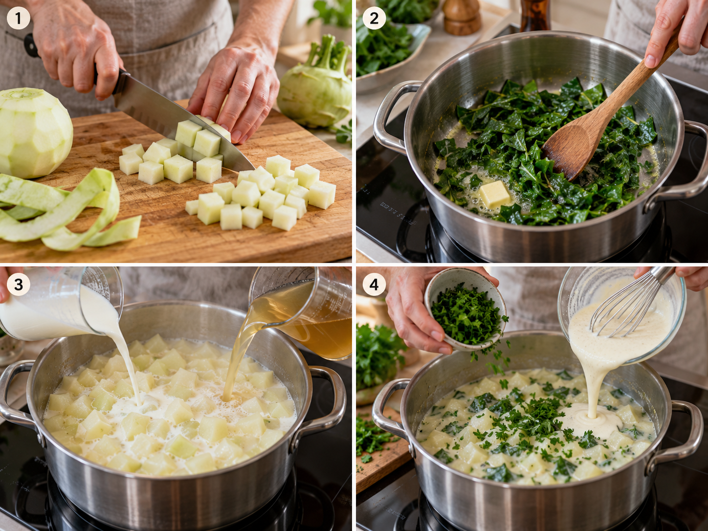 Vier Schritte für gedünsteten Kohlrabi in Milchsauce