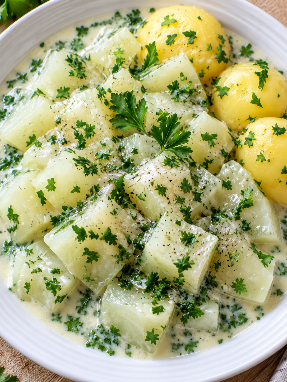 Cremiger Kohlrabi mit Petersilie in einer weißen Schale