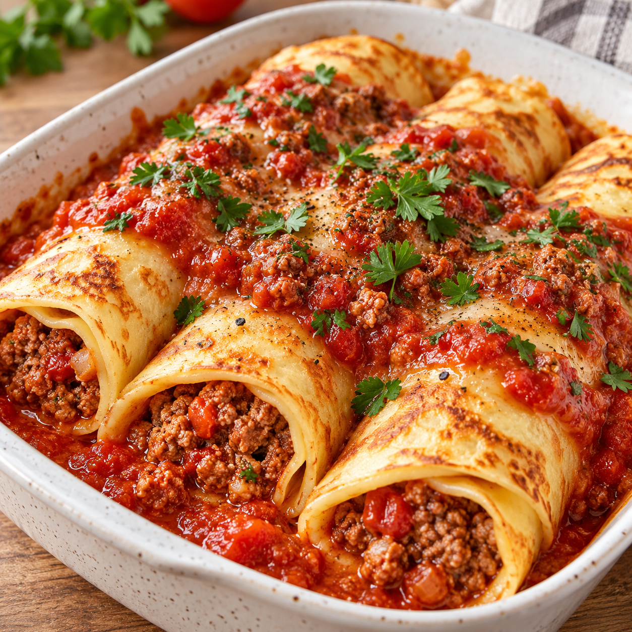 Gefüllte Pfannkuchen mit Hackfleisch und Tomatensauce in einer Form