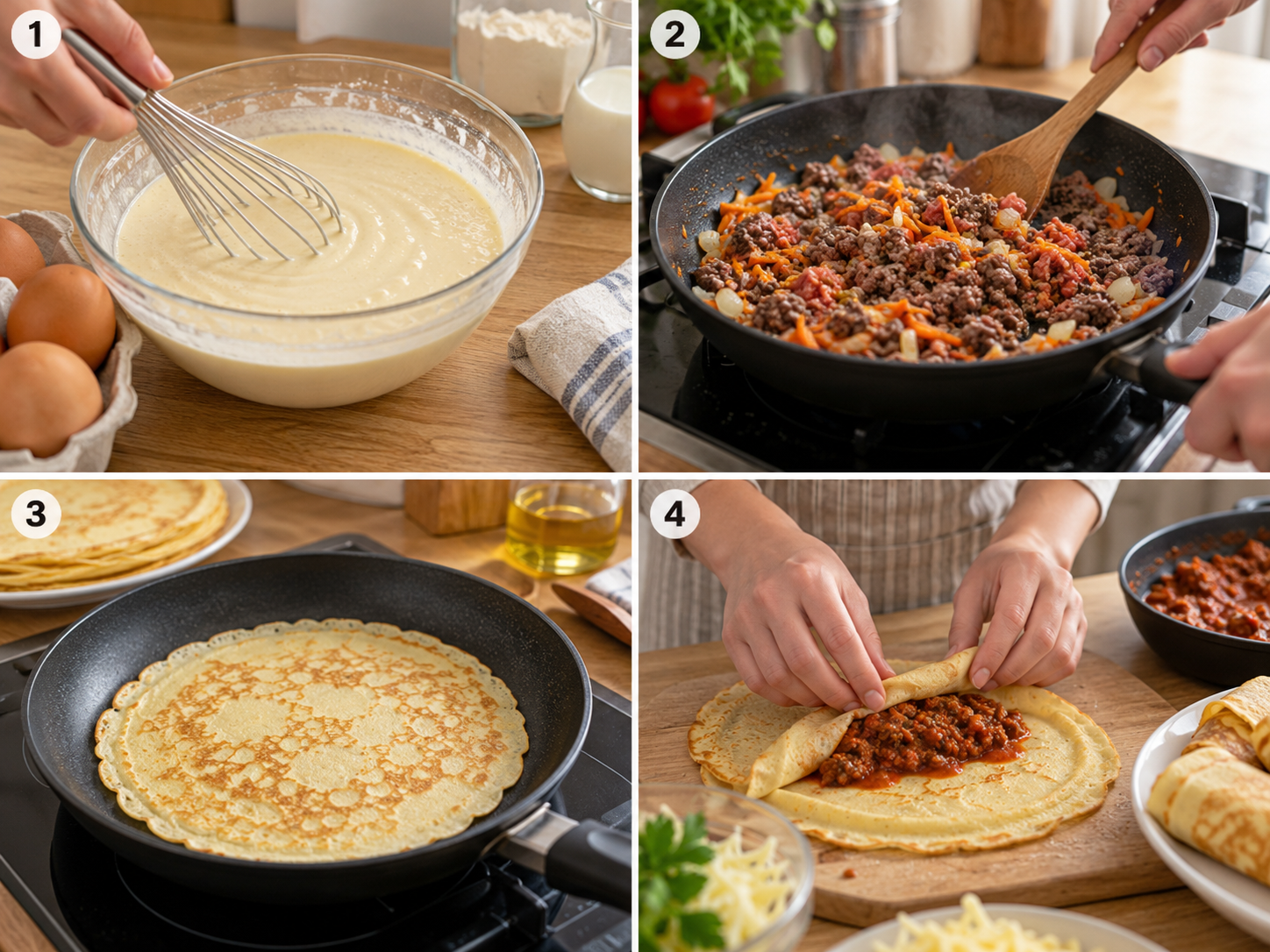 Vier Schritte für gefüllte Pfannkuchen mit Hackfleisch