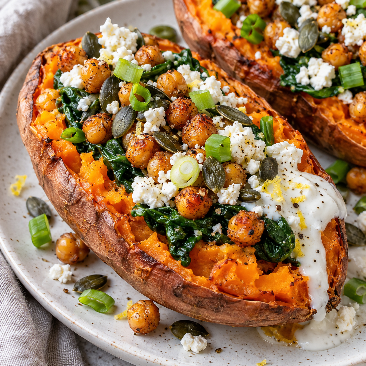 Gefüllte Süßkartoffeln mit Feta, Spinat und Kichererbsen