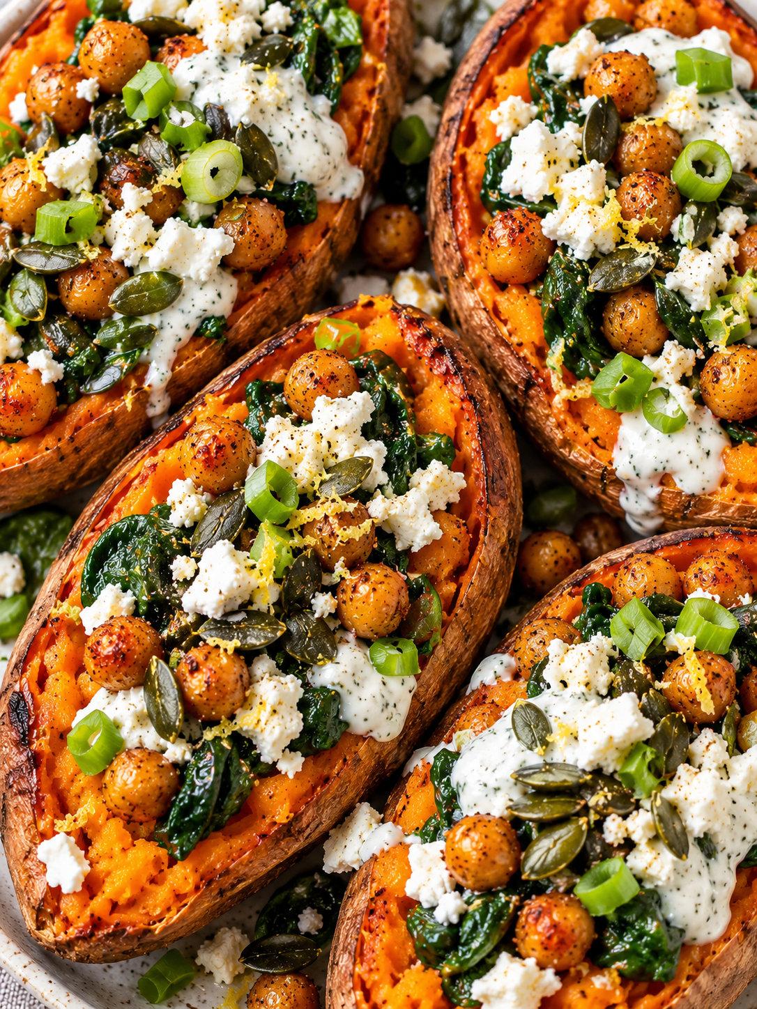 Gefüllte Süßkartoffeln mit Feta und Joghurtsauce von oben