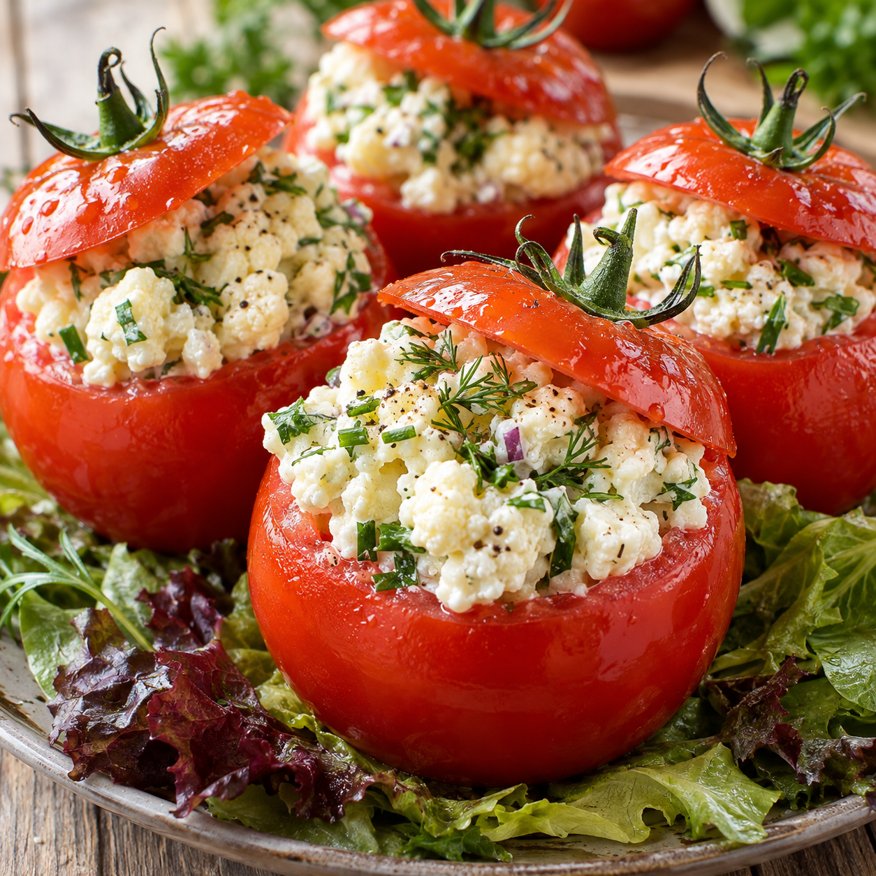 Gefüllte Tomaten mit cremigem Blumenkohlsalat und Kräutern