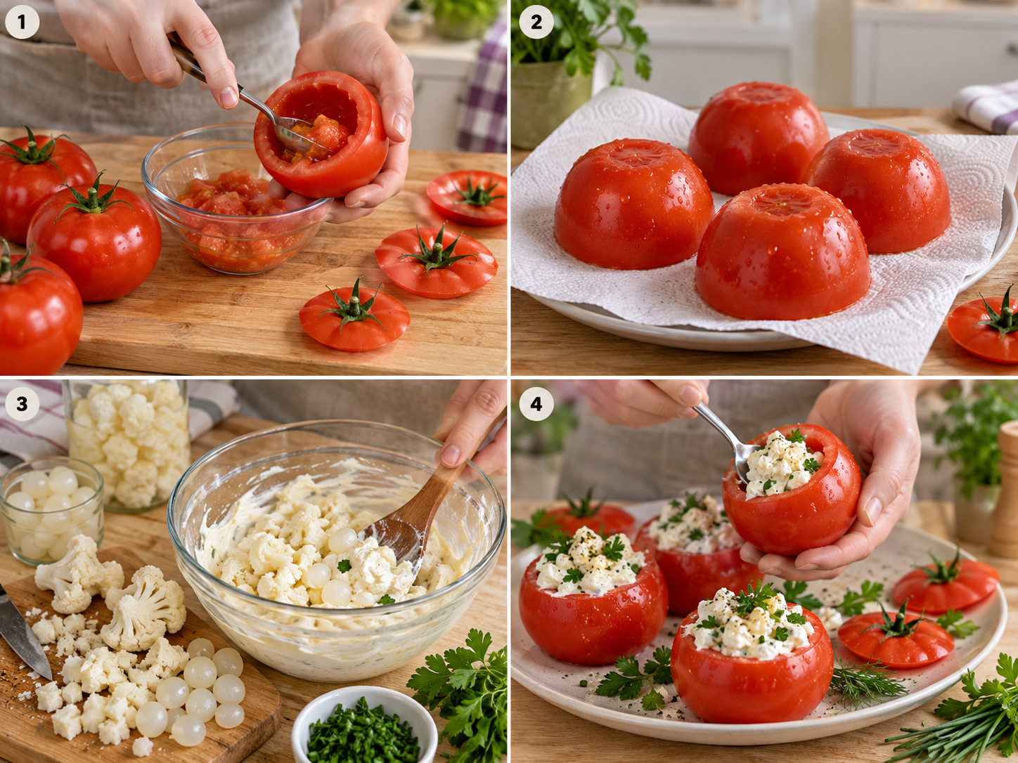 Vier Schritte für gefüllte Tomaten mit Blumenkohlsalat