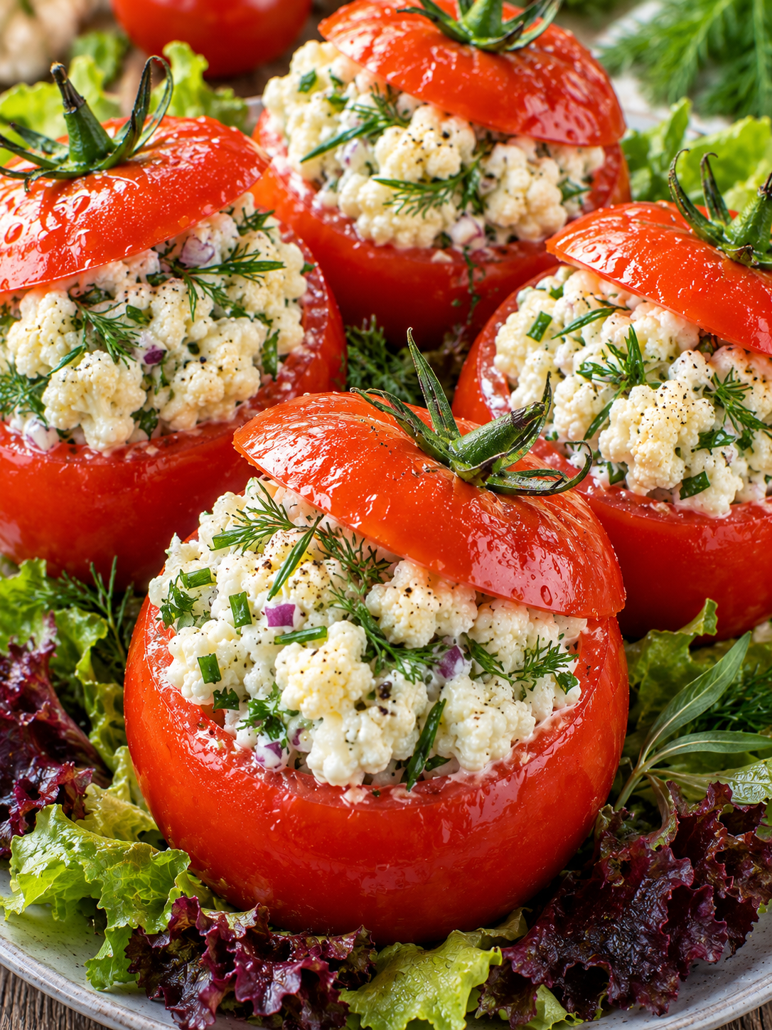 Gefüllte Tomaten mit Blumenkohlsalat auf Salatblättern