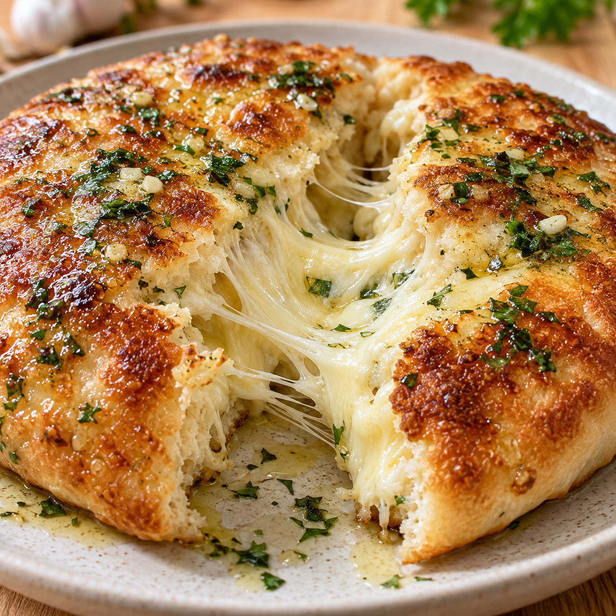 Gefülltes Käse-Pfannenbrot mit geschmolzenem Käse und Petersilie