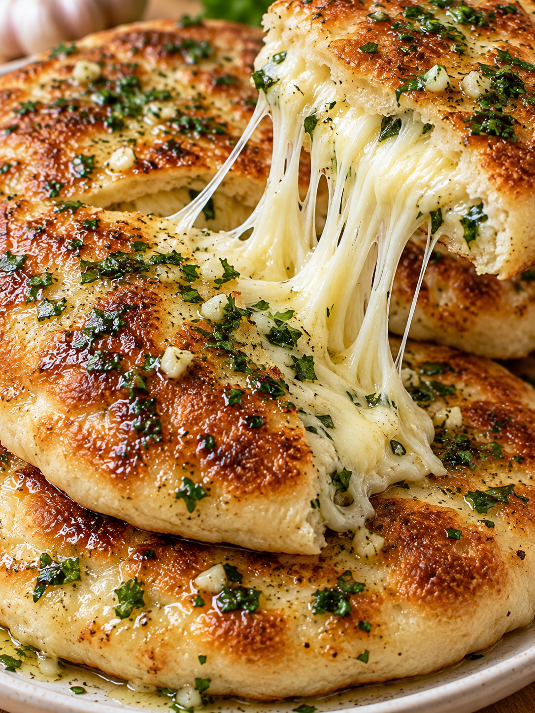 Goldbraunes Käse-Pfannenbrot mit weichem Käsezug und Knoblauchbutter