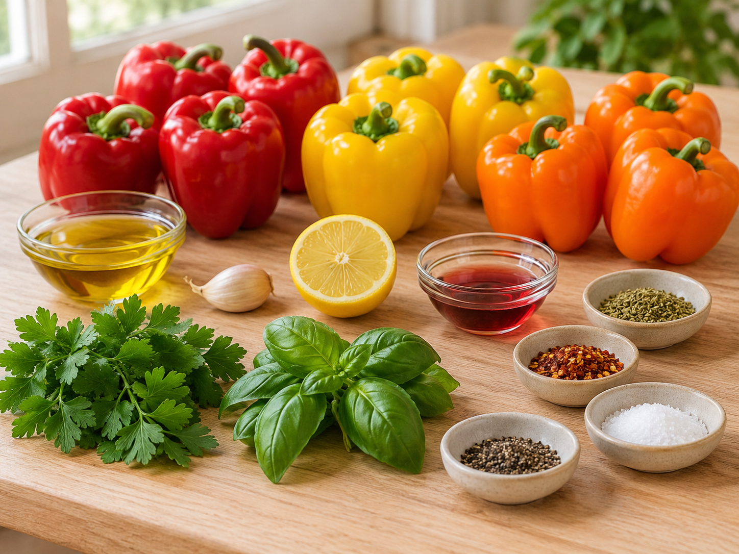 Zutaten für gegrillte Paprika mit Kräutern, Zitrone und Olivenöl