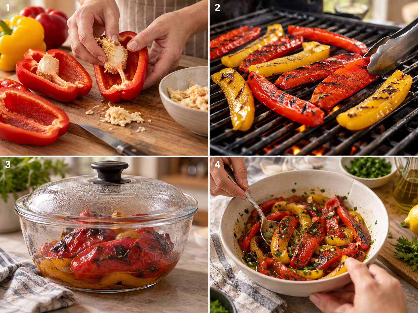 Vier Schritte für gegrillte Paprika vom Schneiden bis zum Marinieren