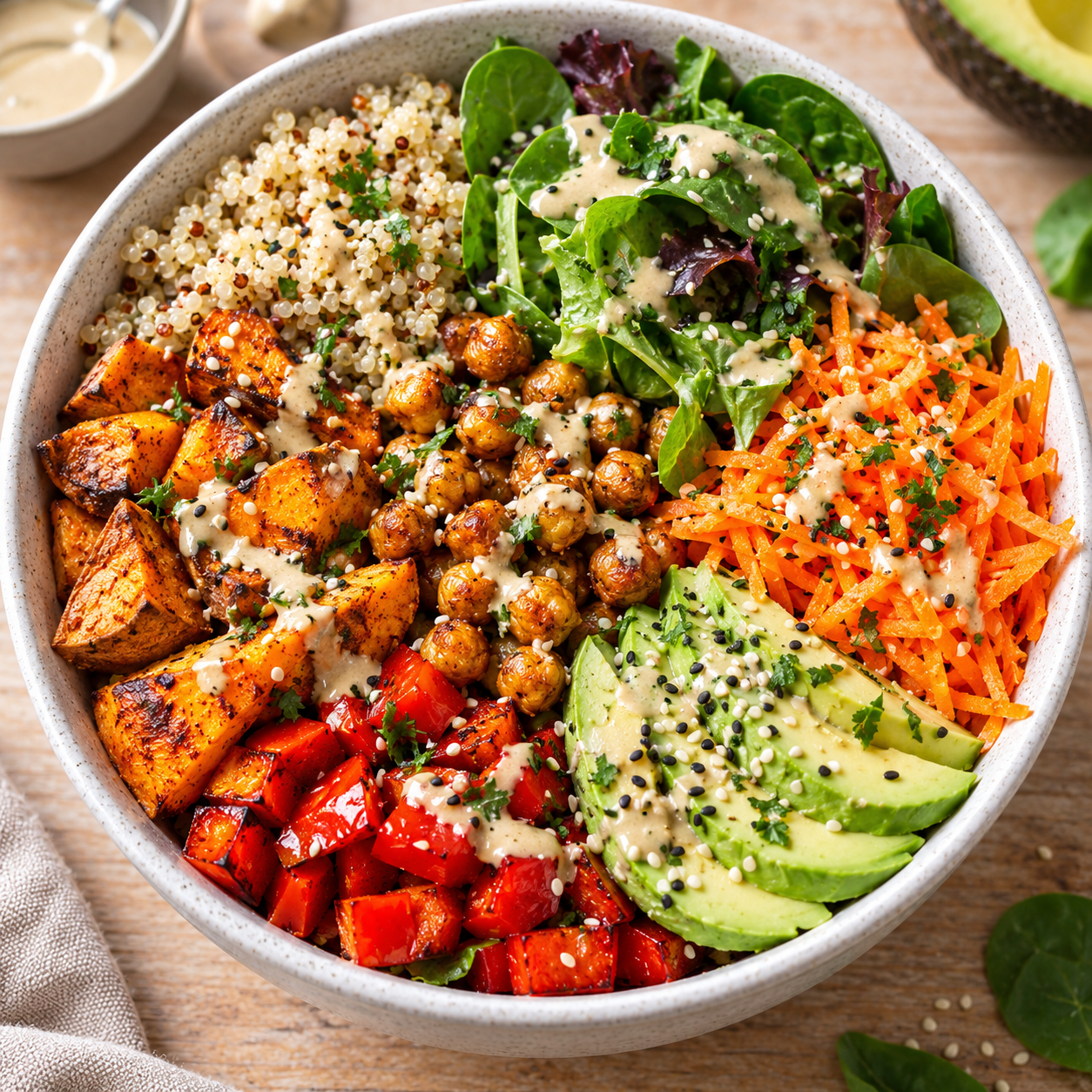 Gemüse-Bowl mit Quinoa, Süßkartoffel, Avocado und Tahini-Dressing