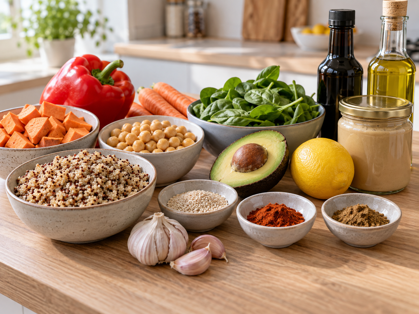 Zutaten für Gemüse-Bowl mit Quinoa, Kichererbsen und Tahini
