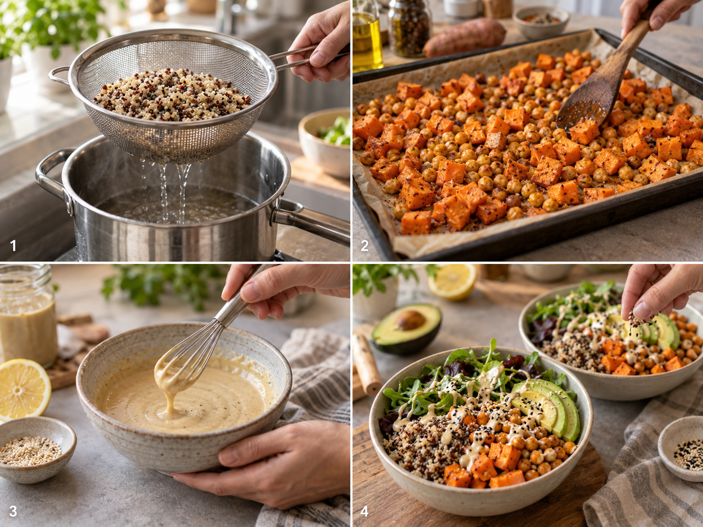 Vier Schritte für Gemüse-Bowl mit Quinoa, Ofengemüse und Dressing