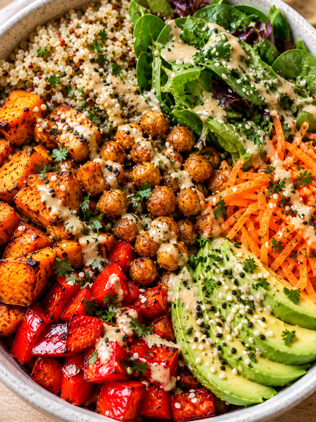Bunte Gemüse-Bowl mit Quinoa, Avocado, Kichererbsen und Tahini