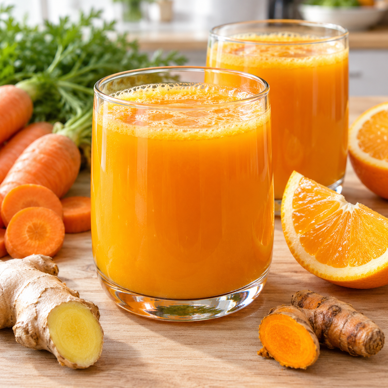 Goldorangefarbener Gemüse-Frucht-Saft mit Ingwer und Kurkuma in Gläsern