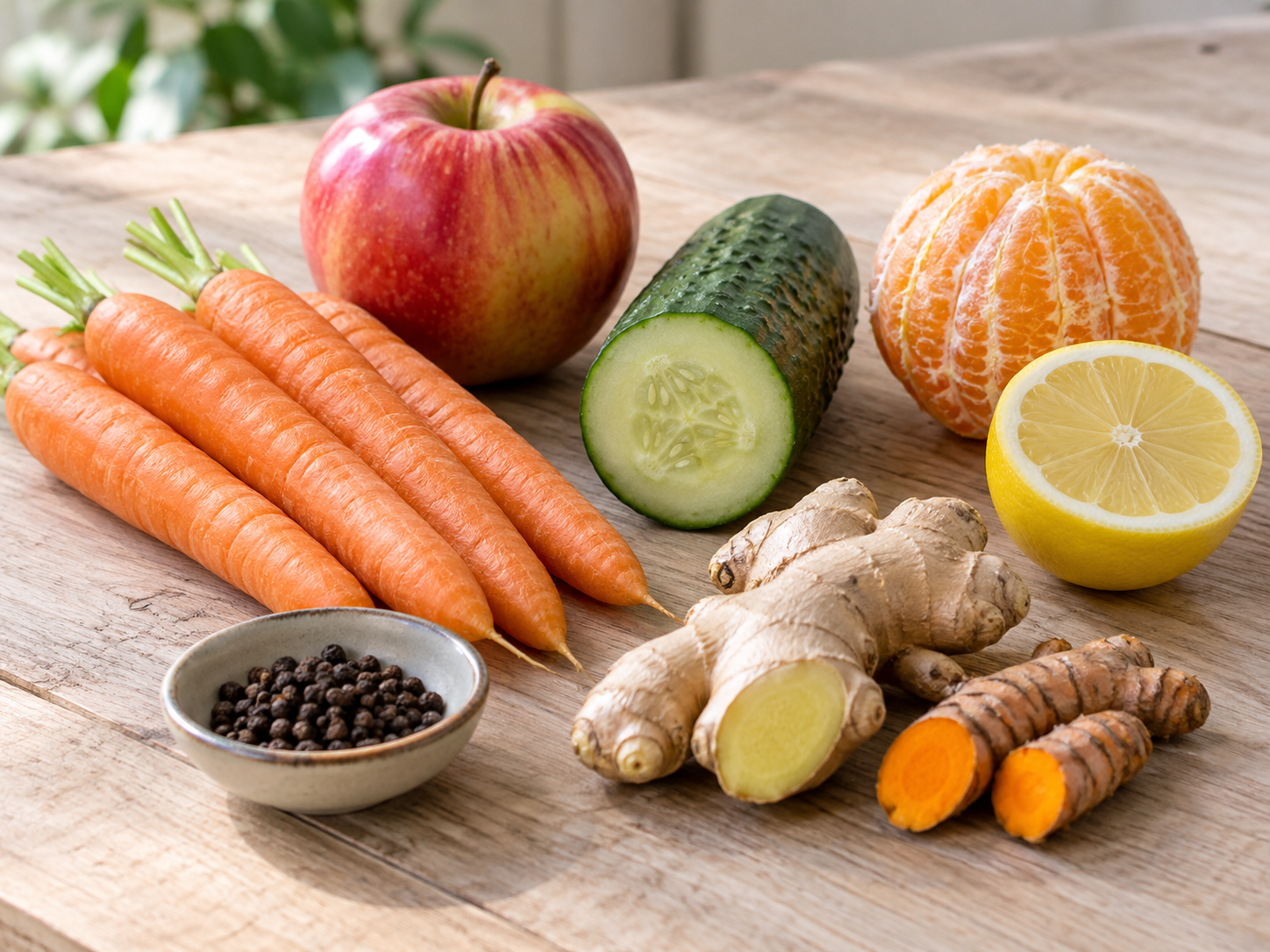 Karotten, Apfel, Gurke, Zitrusfrüchte, Ingwer und Kurkuma für Saft