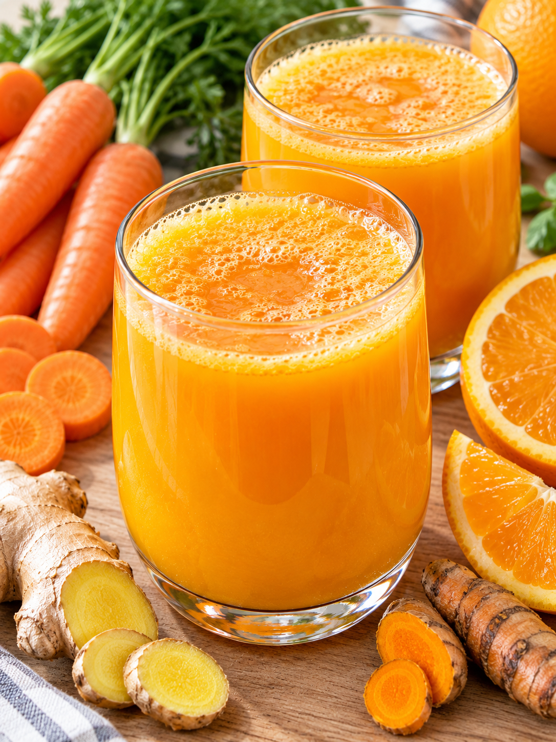 Goldener Gemüse-Frucht-Saft mit Karotte, Orange, Ingwer und Kurkuma
