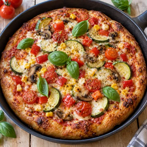 Gemüsepizza aus der Pfanne mit Mozzarella, Zucchini und Tomaten