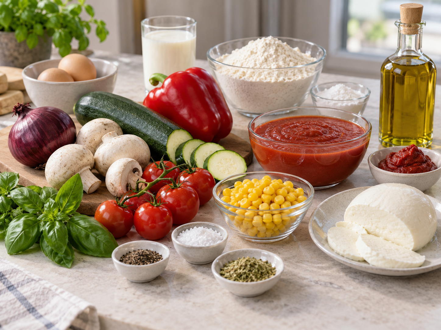 Zutaten für Gemüsepizza aus der Pfanne mit Gemüse, Eiern und Mozzarella