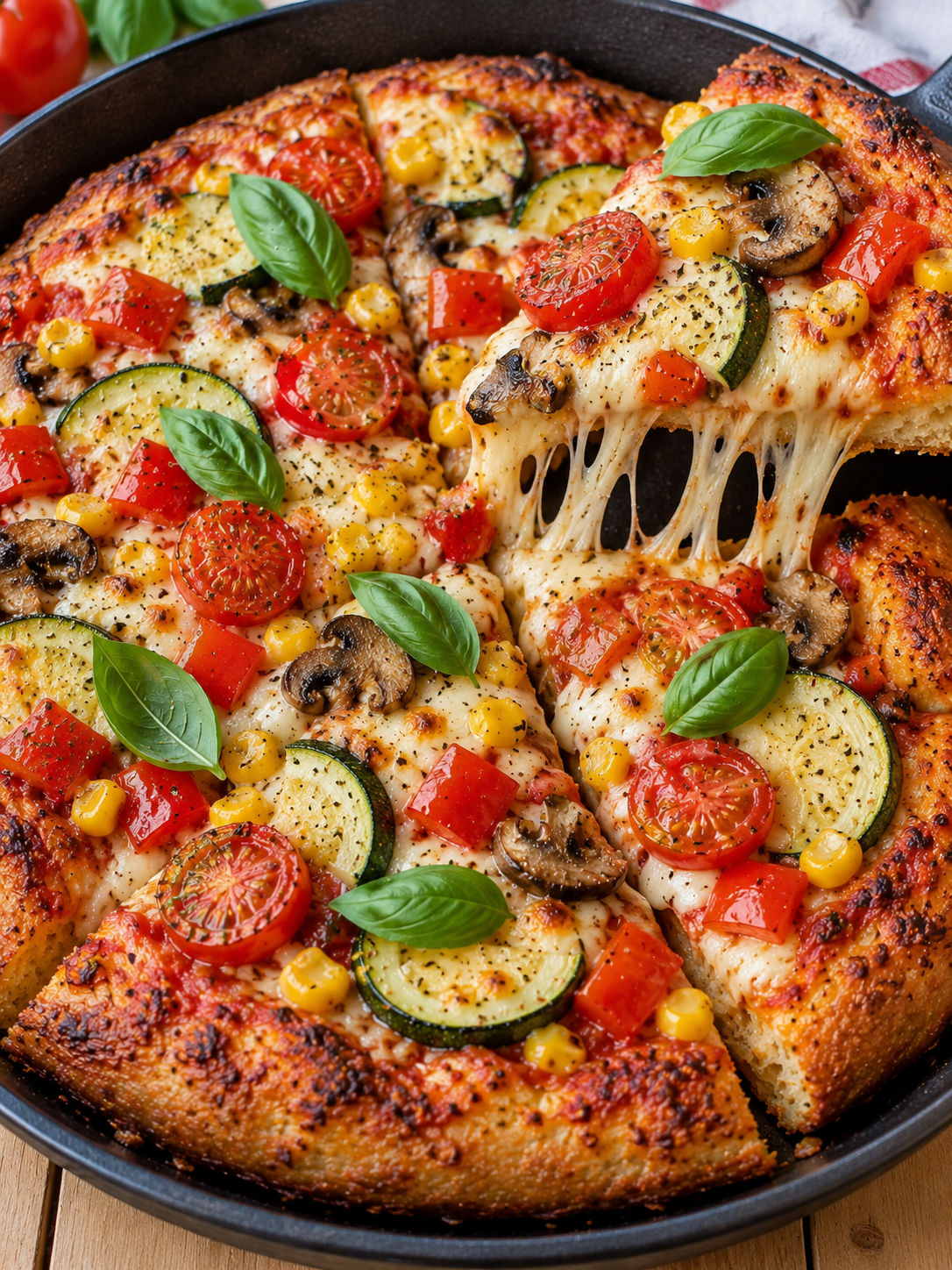 Gemüsepizza aus der Pfanne mit angehobenem Stück und geschmolzenem Käse
