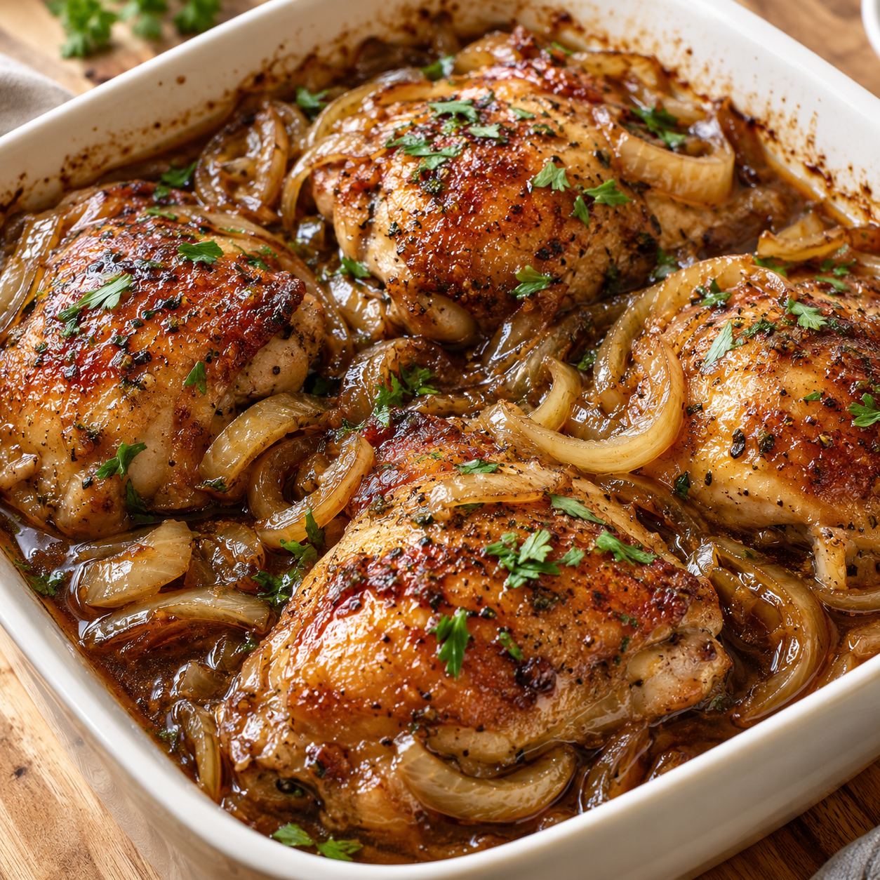 Geschmorte Hähnchenschenkel mit Zwiebeln in dunkler Sauce
